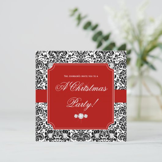 Kerstfeest Damask Red Black White Invite Kaart (Staand voorkant)