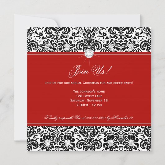 Kerstfeest Damask Red Black White Invite Kaart (Achterkant)