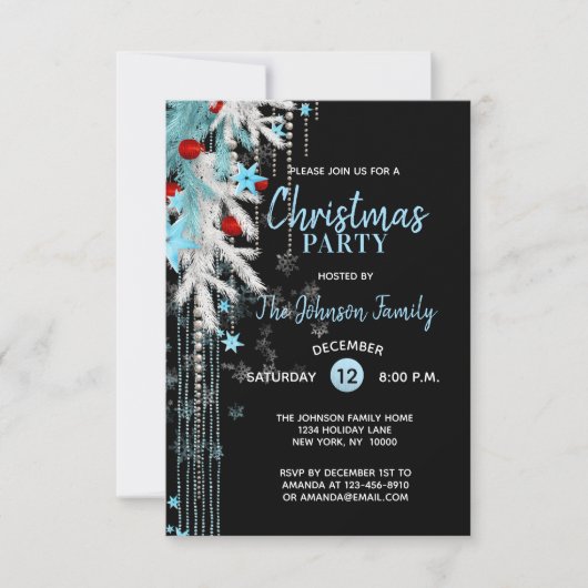 KERSTFEEST Decor Blauw Zilver Zwarte Sneeuwvlokken Kaart (Voorkant)