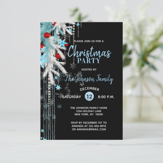 KERSTFEEST Decor Blauw Zilver Zwarte Sneeuwvlokken Kaart (Staand voorkant)