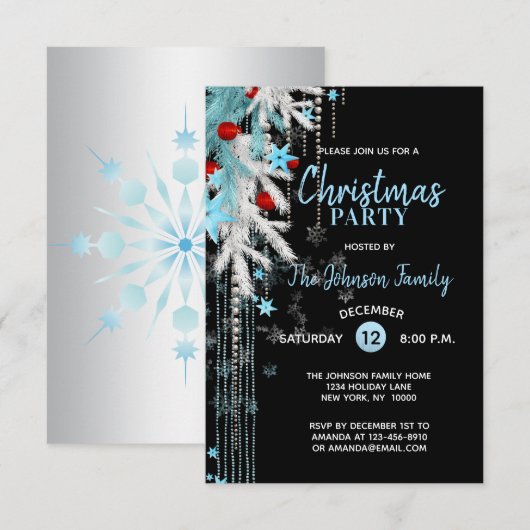 KERSTFEEST Decor Blauw Zilver Zwarte Sneeuwvlokken Kaart (Voorkant / Achterkant)