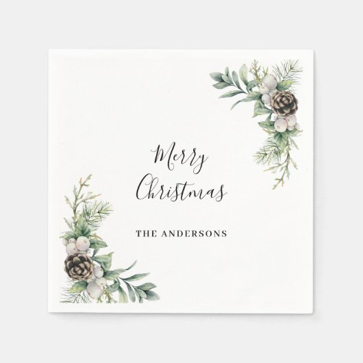 Kerstfeest dennenappels wit groen servet (Voorkant)