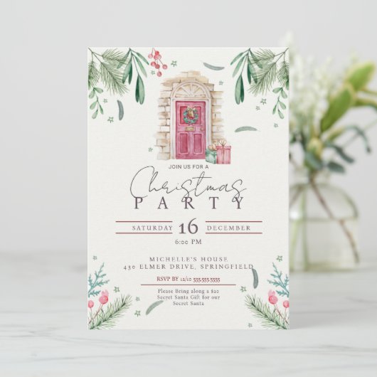 Kerstfeest deur krans uitnodiging (Staand voorkant)