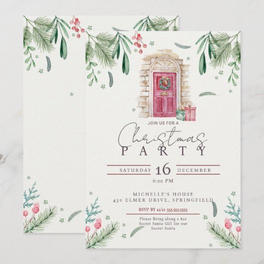 Kerstfeest deur krans uitnodiging (Voorkant / Achterkant)