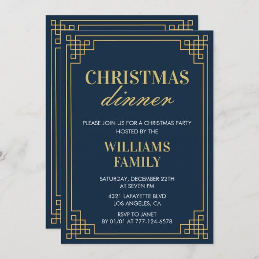 Kerstfeest diner Navy Gold Kaart (Voorkant / Achterkant)