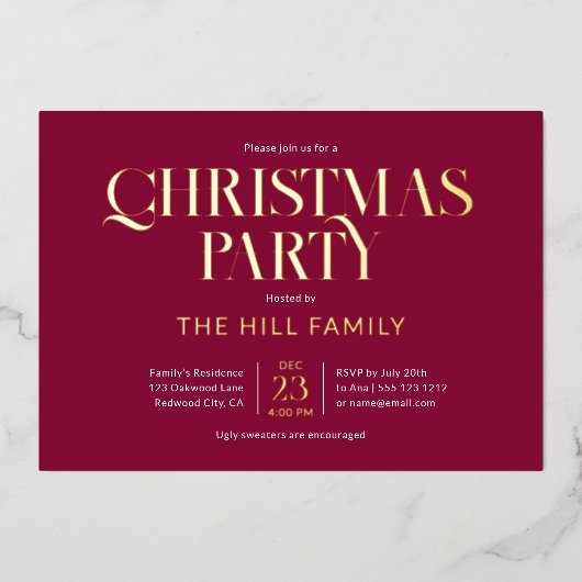 Kerstfeest Elegant Rood Folie Uitnodiging (Voorkant)