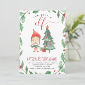 Kerstfeest Elf Birthday Party Invitation Girl Kaart (Staand voorkant)