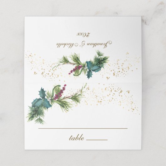 Kerstfeest Evergreen Holly Winter Wedding Plaatskaartje (Buitenkant ongevouwen)