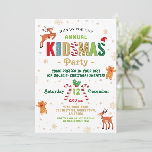 Kerstfeest Feestelijke kinderuitnodiging Kaart (Staand voorkant)