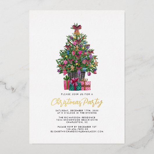 Kerstfeest Feestelijke Roze Boom Goud Folie Uitnodiging (Voorkant)