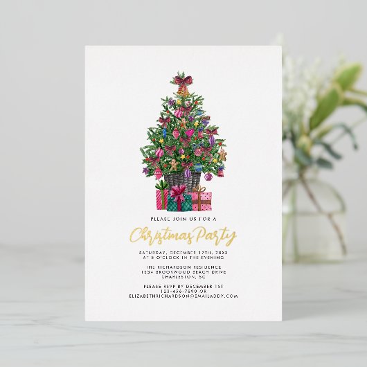 Kerstfeest Feestelijke Roze Boom Goud Folie Uitnodiging (Staand Voorkant)