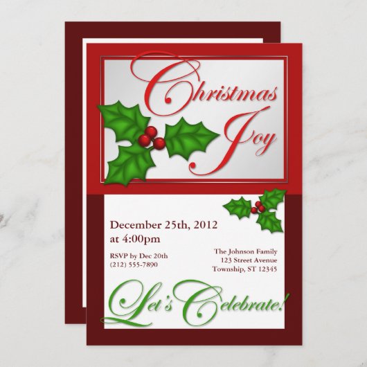 Kerstfeest, feestvieren - Holly Uitnodigingen (Voorkant / Achterkant)