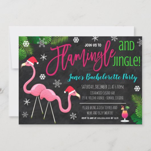 Kerstfeest Flamingle en Jingle Party Uitnodiging (Voorkant)