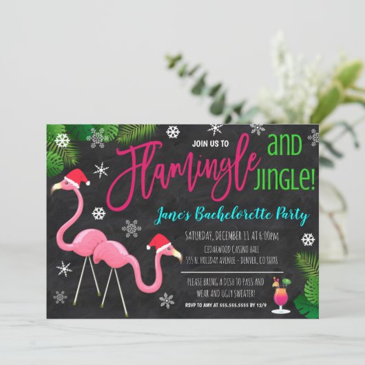 Kerstfeest Flamingle en Jingle Party Uitnodiging (Staand voorkant)