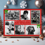 Kerstfeest Foto Collage Red Green Feestdagenkaart<br><div class="desc">Beige en groene kerstfotokaarten met plaats voor zes afbeeldingen. Upload foto's om de sjablonen te passen - de horizontale en verticale sjablonen zouden foto's in die richtlijn moeten hebben. Vierkante sjablonen kunnen ook nemen. Handgeschreven doopvont voor de douanevergroting in wit. De sjabloon van de handtekening kan één of twee lijnen...</div>