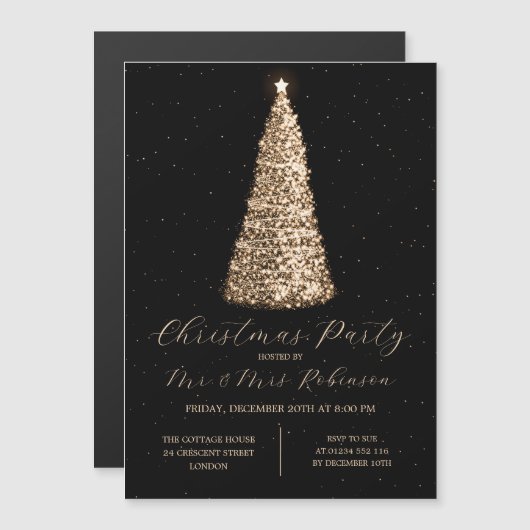 Kerstfeest Glam Gold Tree Sparkle Uitnodigingen (Voorkant / Achterkant)