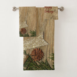 Kerstfeest Golden Green Leaves Red Rustic Bad Handdoek