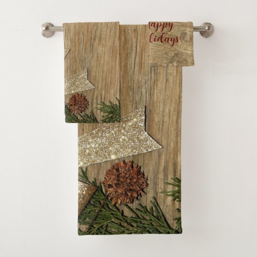 Kerstfeest Golden Green Leaves Red Rustic Bad Handdoek (Insitu)