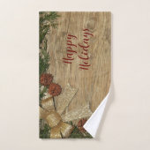 Kerstfeest Golden Green Leaves Red Rustic Bad Handdoek (Handdoek)