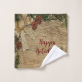 Kerstfeest Golden Green Leaves Red Rustic Bad Handdoek (Wasdoekje)