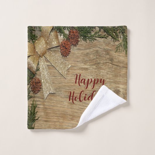 Kerstfeest Golden Green Leaves Red Rustic Bad Handdoek (Wasdoekje)