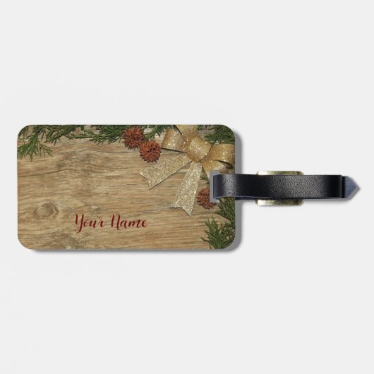 Kerstfeest Golden Green Leaves Red Rustic Bagagelabel (Achterkant horizontaal)