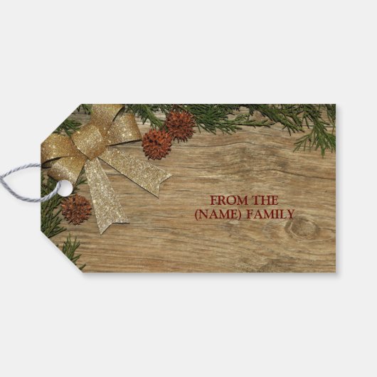 Kerstfeest Golden Green Leaves Red Rustic Cadeaulabel (Achterkant Horizontaal)