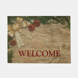 Kerstfeest Golden Green Leaves Red Rustic Deurmat