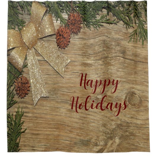 Kerstfeest Golden Green Leaves Red Rustic Douchegordijn (Voorkant)