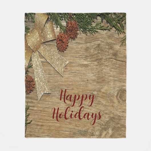 Kerstfeest Golden Green Leaves Red Rustic Fleece Deken (Voorkant)