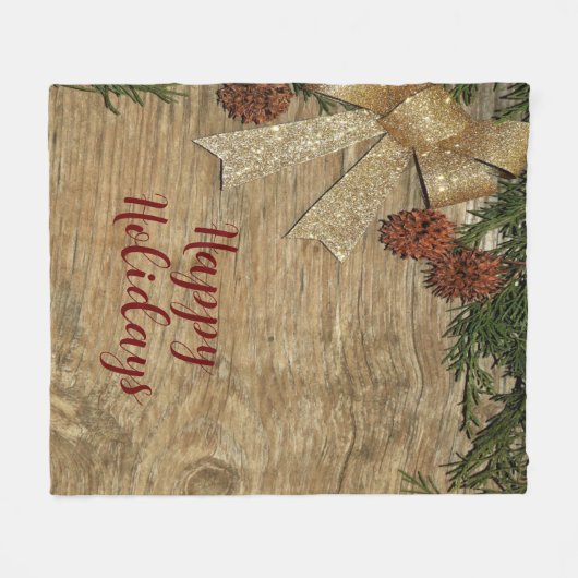 Kerstfeest Golden Green Leaves Red Rustic Fleece Deken (Voorkant (Horizontaal))