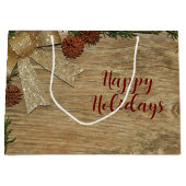 Kerstfeest Golden Green Leaves Red Rustic Groot Cadeauzakje (Voorkant)