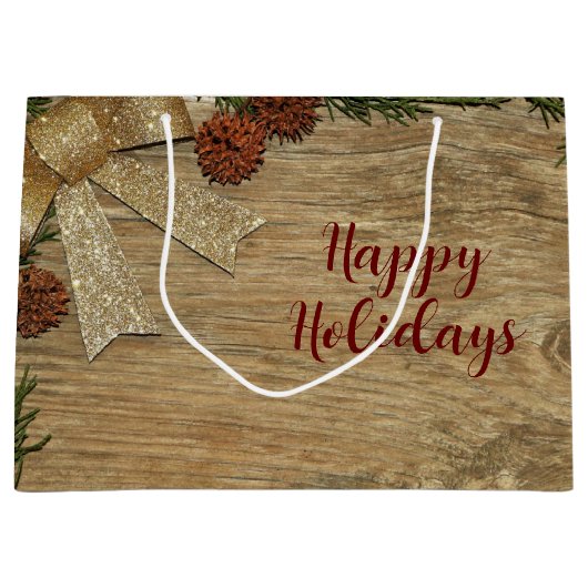 Kerstfeest Golden Green Leaves Red Rustic Groot Cadeauzakje (Voorkant)