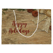 Kerstfeest Golden Green Leaves Red Rustic Groot Cadeauzakje (Achterkant)