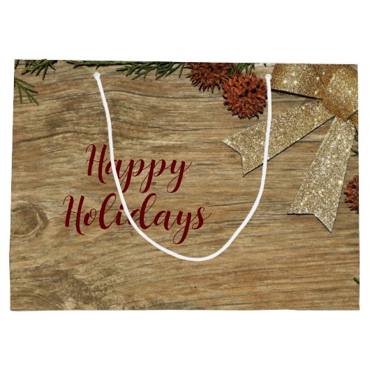 Kerstfeest Golden Green Leaves Red Rustic Groot Cadeauzakje (Achterkant)