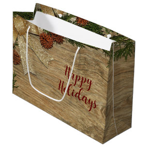 Kerstfeest Golden Green Leaves Red Rustic Groot Cadeauzakje
