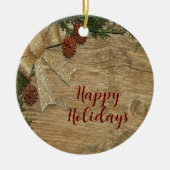 Kerstfeest Golden Green Leaves Red Rustic Keramisch Ornament (Voorkant)