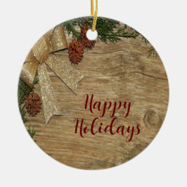Kerstfeest Golden Green Leaves Red Rustic Keramisch Ornament