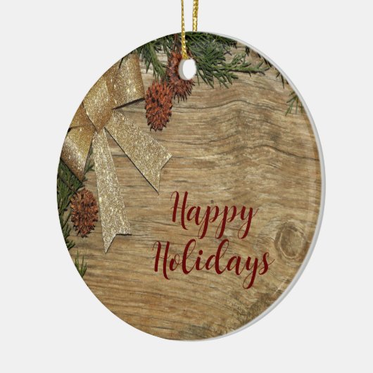 Kerstfeest Golden Green Leaves Red Rustic Keramisch Ornament (Links)