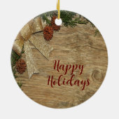 Kerstfeest Golden Green Leaves Red Rustic Keramisch Ornament (Achterkant)