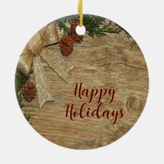 Kerstfeest Golden Green Leaves Red Rustic Keramisch Ornament (Achterkant)