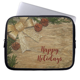 Kerstfeest Golden Green Leaves Red Rustic Laptop Sleeve