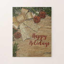 Kerstfeest Golden Green Leaves Red Rustic Legpuzzel