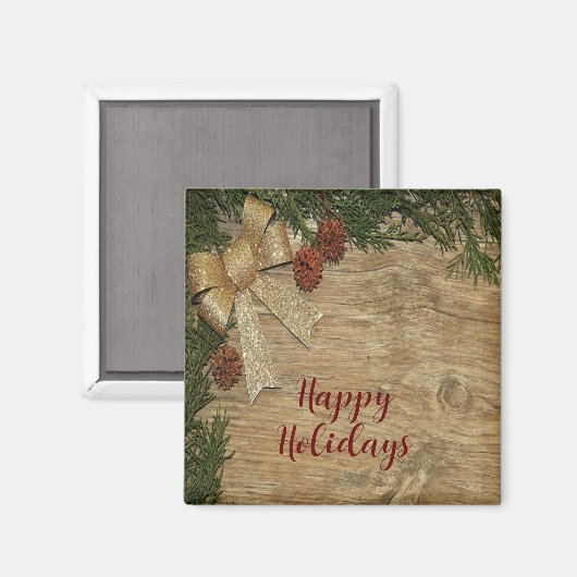 Kerstfeest Golden Green Leaves Red Rustic Magneet (Voorkant / Achterkant)