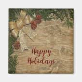 Kerstfeest Golden Green Leaves Red Rustic Magneet (Voorkant)