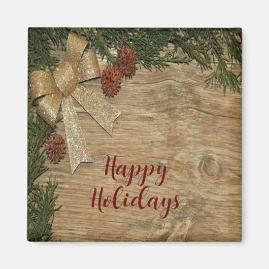 Kerstfeest Golden Green Leaves Red Rustic Magneet (Voorkant)