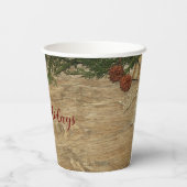 Kerstfeest Golden Green Leaves Red Rustic Papieren Bekers (Achterkant)