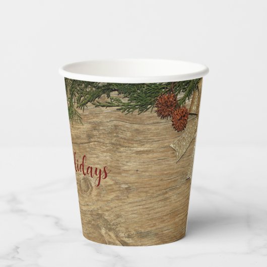 Kerstfeest Golden Green Leaves Red Rustic Papieren Bekers (Achterkant)