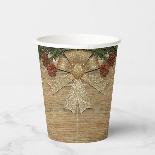 Kerstfeest Golden Green Leaves Red Rustic Papieren Bekers (Rechts)