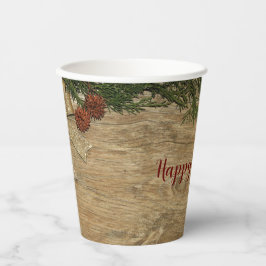 Kerstfeest Golden Green Leaves Red Rustic Papieren Bekers